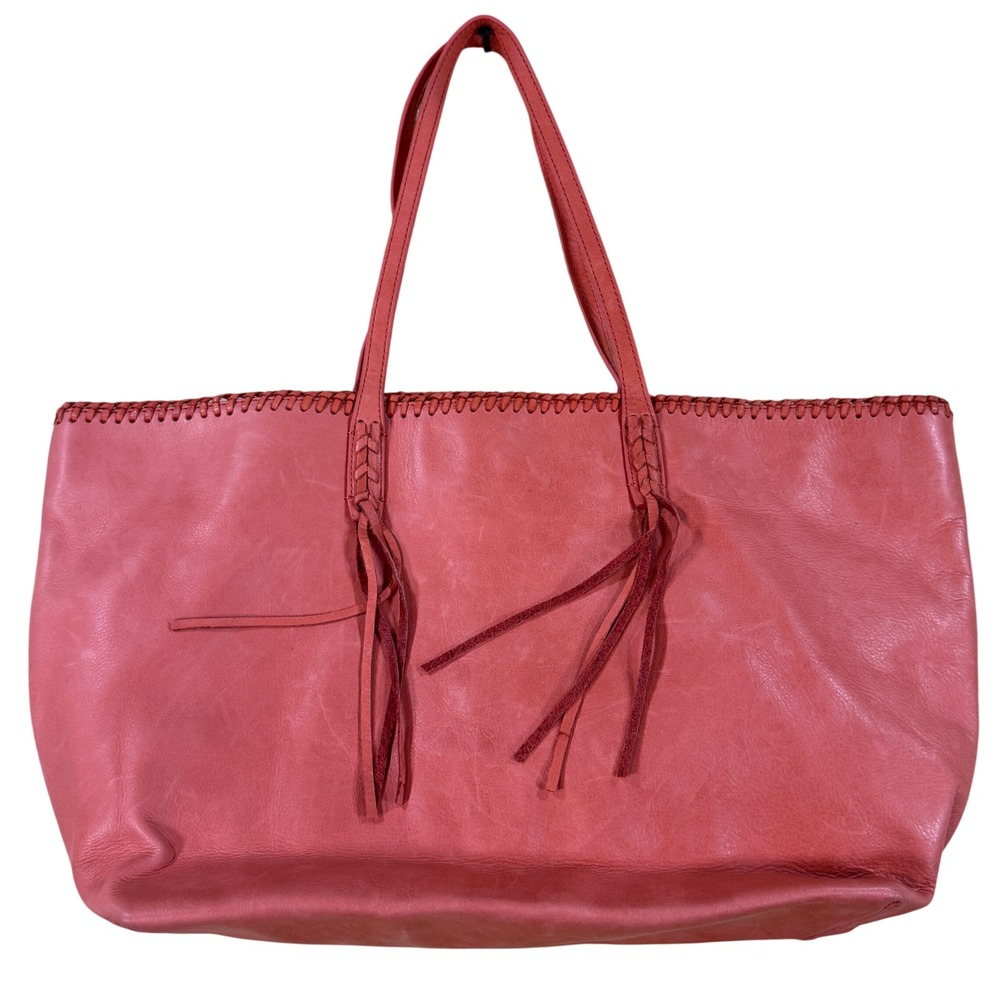 ASH Coral Leather Tote Bag Whipstitch Tassel Boho Shoulder Bag with Dustbag